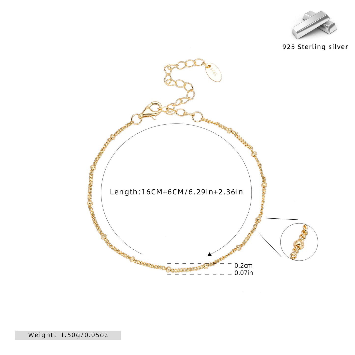 925 Silver Platinum/Gold Plated Beaded Chain Bracelet | Minimalist Everyday Style