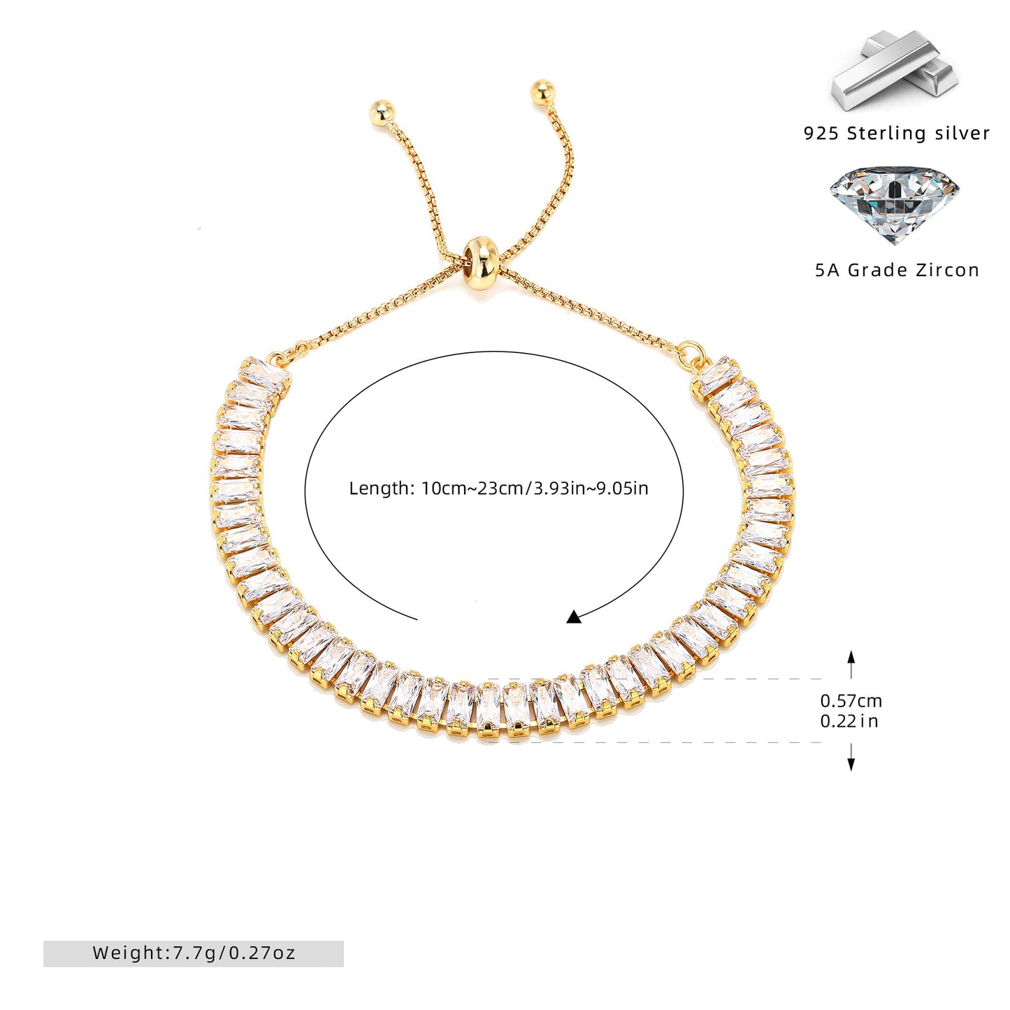 925 Sterling Silver Rhodium/Gold Plated Baguette CZ Slider Bracelet | Minimalist Tennis Style