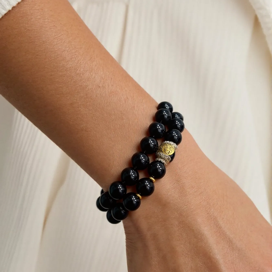 Obsidian Bracelet with Rotating Metal Fortune Bead – Protection & Energy