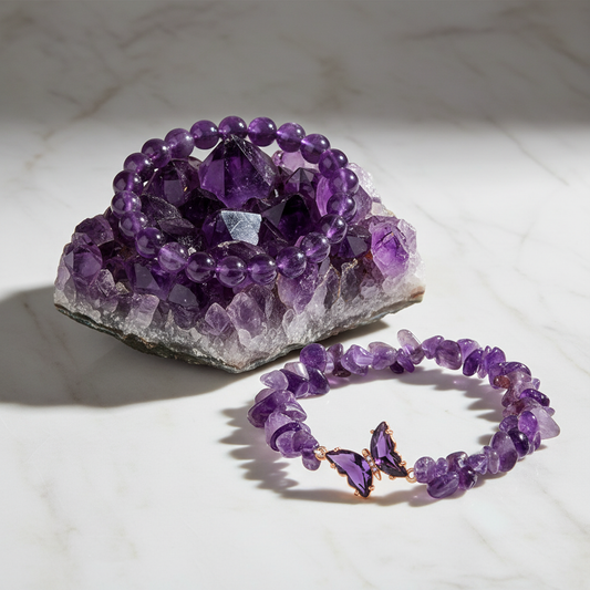 Amethyst Butterfly Double Bracelet | Natural Amethyst Beads & Crystal Butterfly Charm