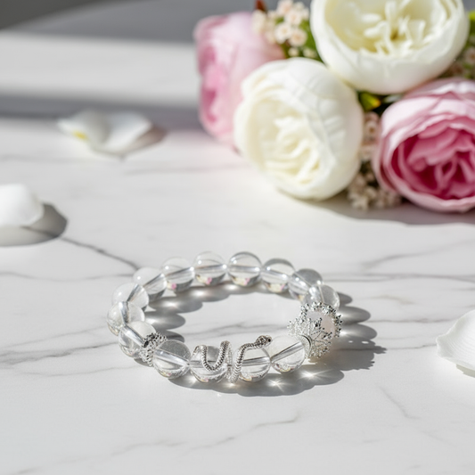 White Crystal & White Agate Bracelet – Silver Snake and Crown Design