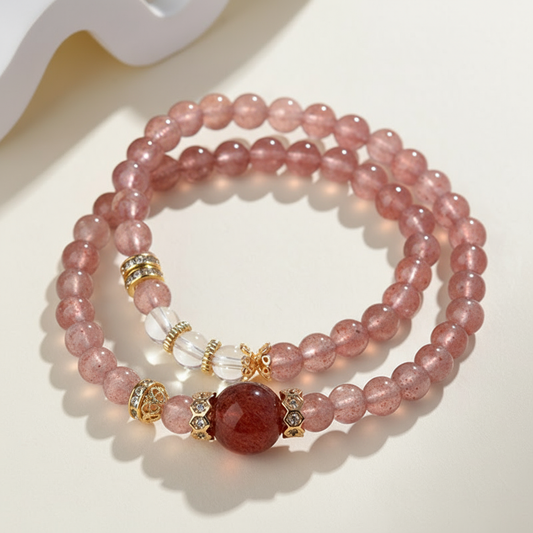 Strawberry Quartz Energy Bracelet – Double Layer with Gold Accents