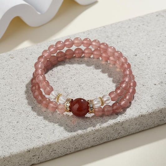 Strawberry Quartz Energy Bracelet – Double Layer with Gold Accents