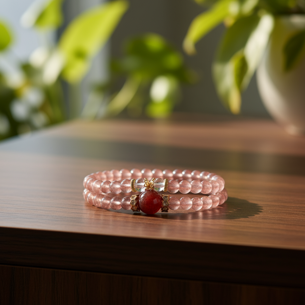 Strawberry Quartz Energy Bracelet – Double Layer with Gold Accents