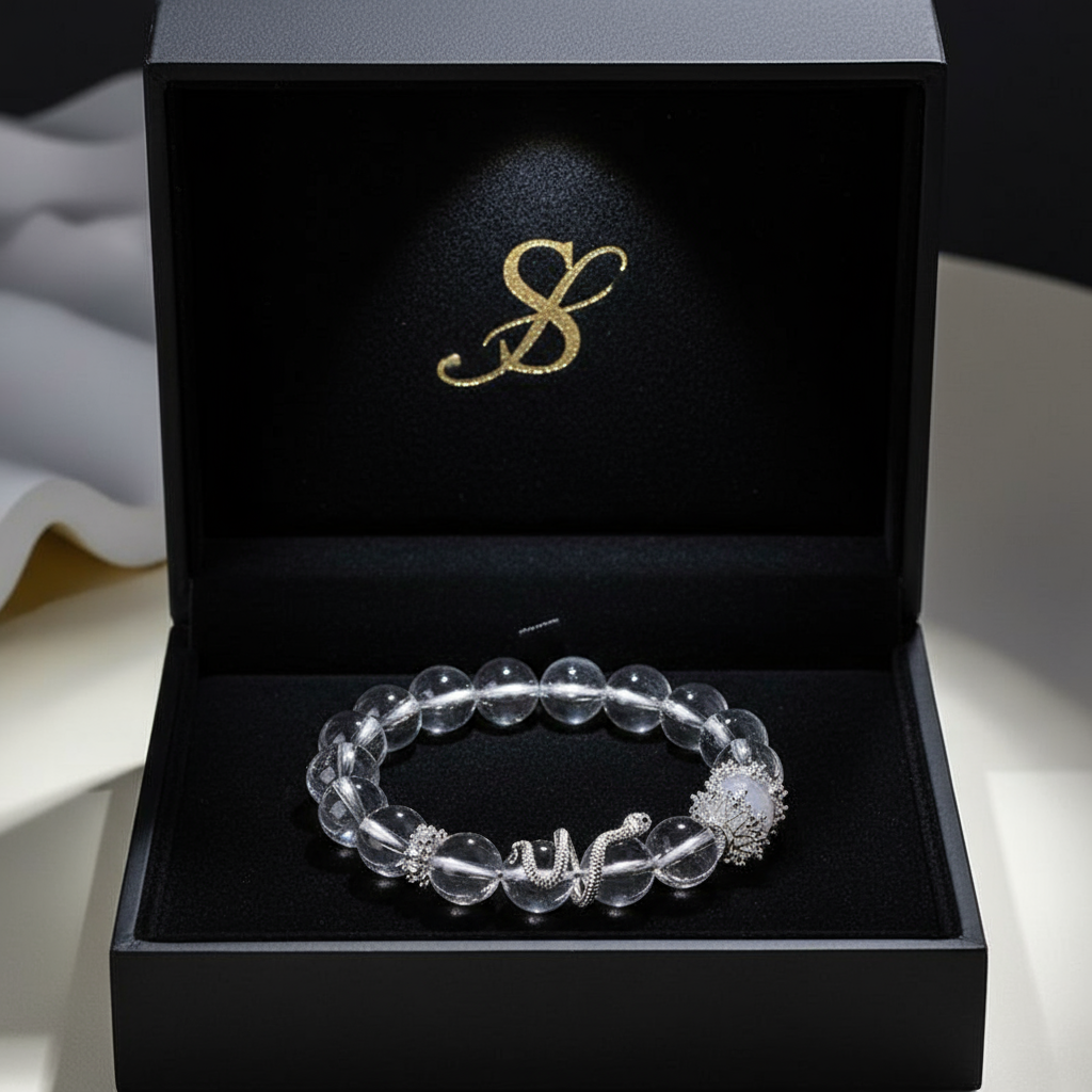 White Crystal & White Agate Bracelet – Silver Snake and Crown Design
