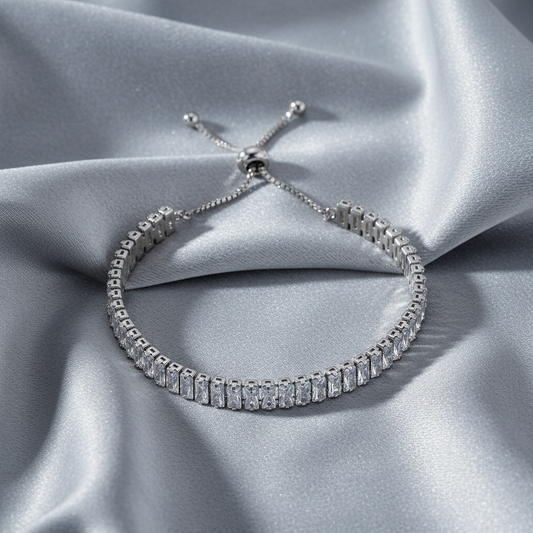 925 Sterling Silver Rhodium/Gold Plated Baguette CZ Slider Bracelet | Minimalist Tennis Style