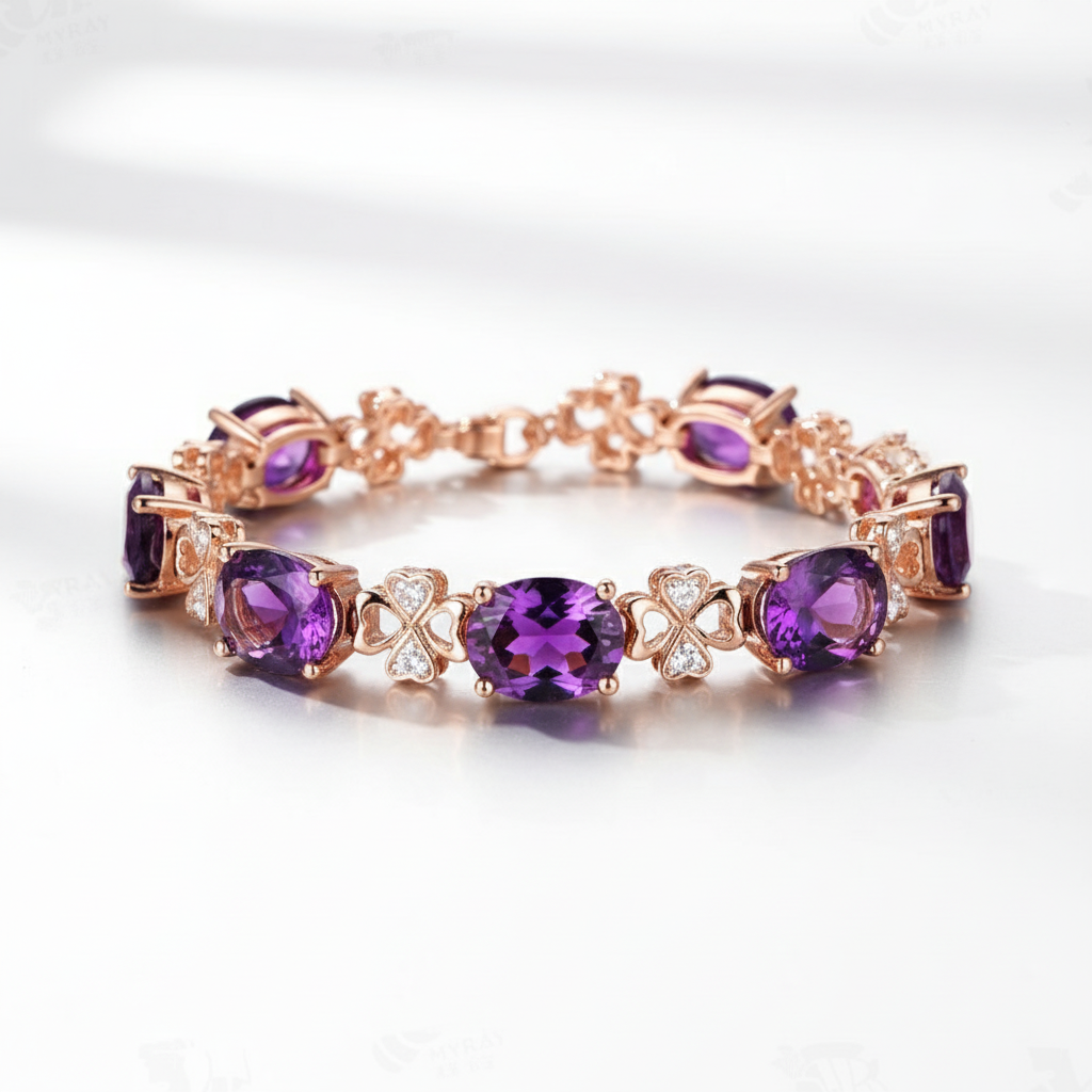 Luxury Amethyst Clover Bracelet | 18K Gold Plated Gemstone Diamond Design