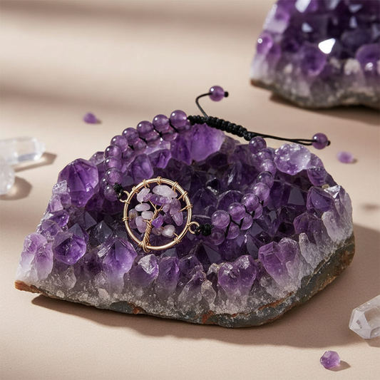 Handmade Crystal Bracelet | Amethyst / Clear Quartz Options, Tree of Life Pendant, Double Strand Design