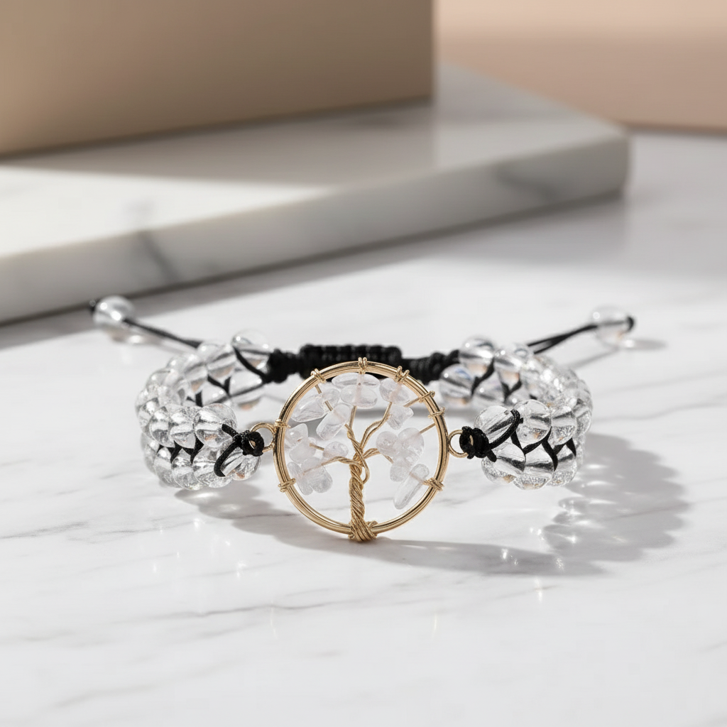 Handmade Crystal Bracelet | Amethyst / Clear Quartz Options, Tree of Life Pendant, Double Strand Design