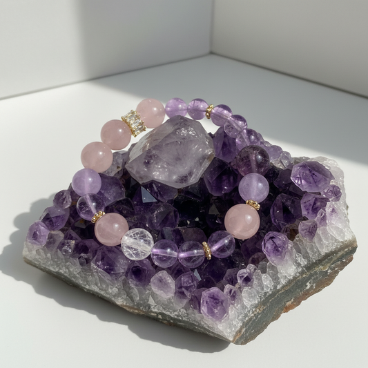 Amethyst & Rose Quartz Energy Bracelet Ninefold Purple Flame