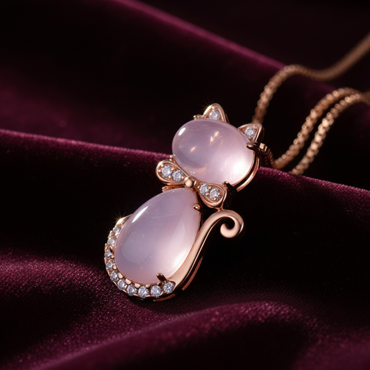 Cat Rose Quartz Pendant Necklace | 18K Rose Gold Plated with Sparkling CZ | Unique Romantic Gift