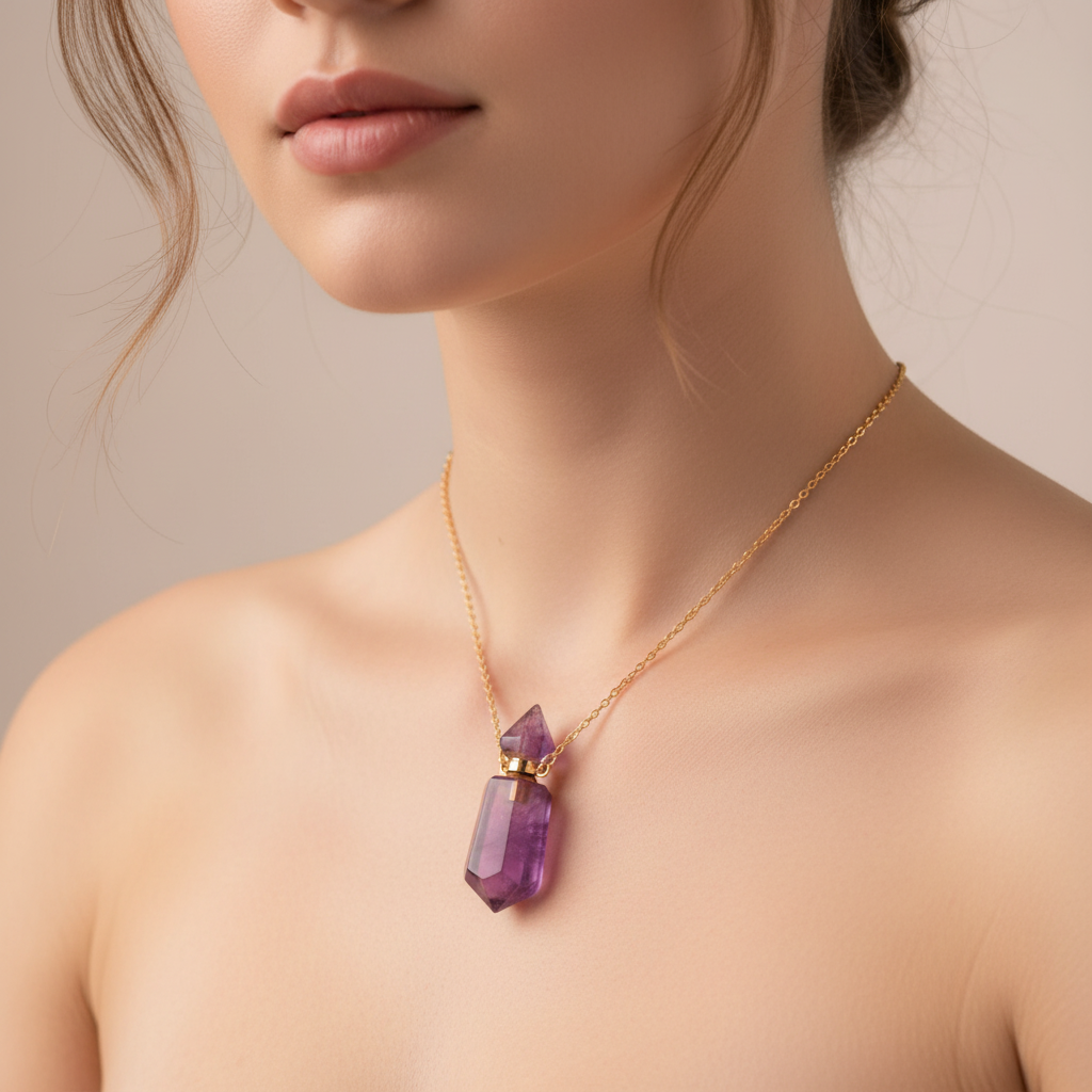 Natural Crystal Double-Point Hexagonal Perfume Bottle Pendant | Essential Oil Necklace | Hand-Carved Gemstone Jewelry