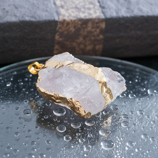 Natural Rose Quartz & Amethyst Irregular Pendant Necklace | Gold-Plated Edge