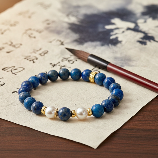Lapis Lazuli & Pearl Bracelet | Oriental Elegance | Fortune & Protection