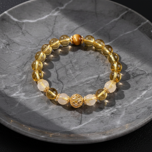 Natural Golden Tiger’s Eye Bracelet | Gold-Plated Copper Bead Accent | Vintage Luxury & Protection