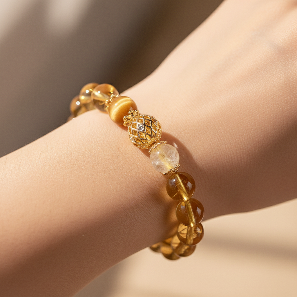 Natural Golden Tiger’s Eye Bracelet | Gold-Plated Copper Bead Accent | Vintage Luxury & Protection