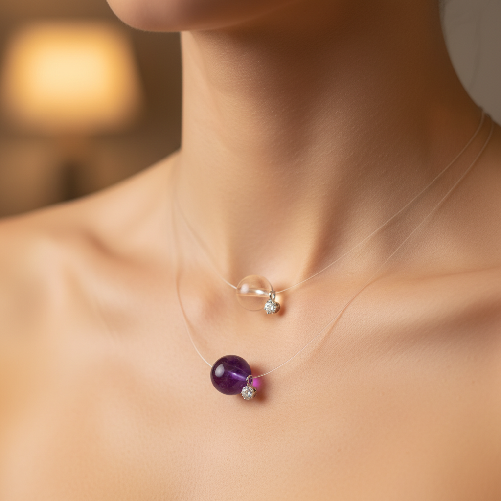 Crystal Energy Necklace Amethyst & Clear Quartz Invisible Line Necklace | S925 Silver Minimalist Crystal Pendant