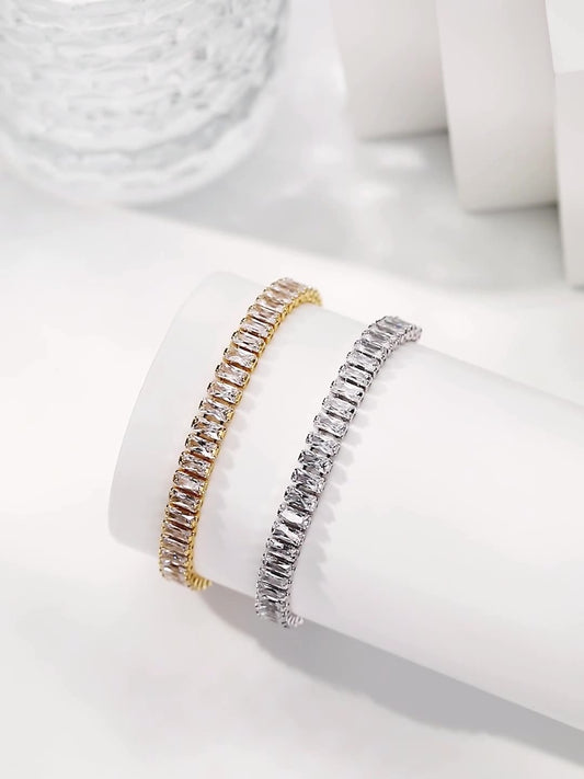 925 Sterling Silver Rhodium/Gold Plated Baguette CZ Slider Bracelet | Minimalist Tennis Style