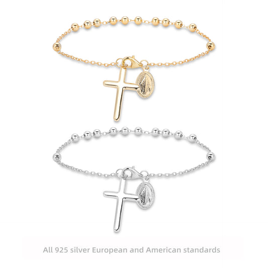 925 Sterling Silver Cross & Virgin Mary Charm Bracelet – Minimalist Faith Jewelry, Gold & Silver Options