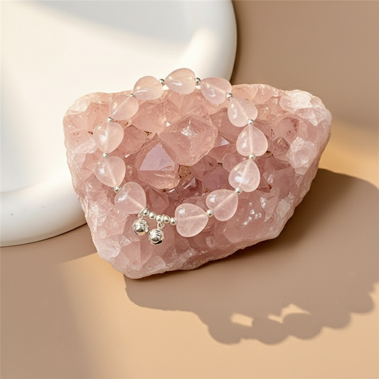 Rose Quartz “Heart Chime” Bracelet | Beaded 925 Silver with Heart Charm & Bell Accent