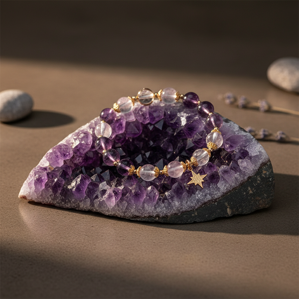 Natural Amethyst Star Charm Bracelet  Alloy Inlaid Star Accent Beaded Jewelry