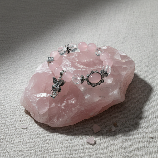 Original Rose Quartz Magic Box Bracelet  Natural Pink Crystal with Faceted Clear Quartz & Butterfly