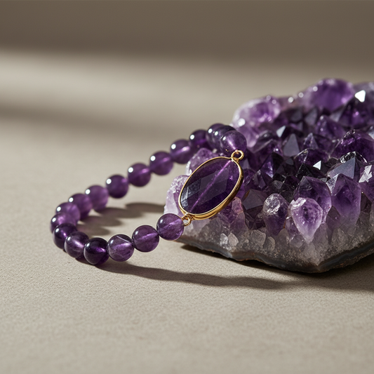Natural Amethyst Bracelet with Oval Gemstone & Gold Accent | Elegant Beaded Healing Jewelry