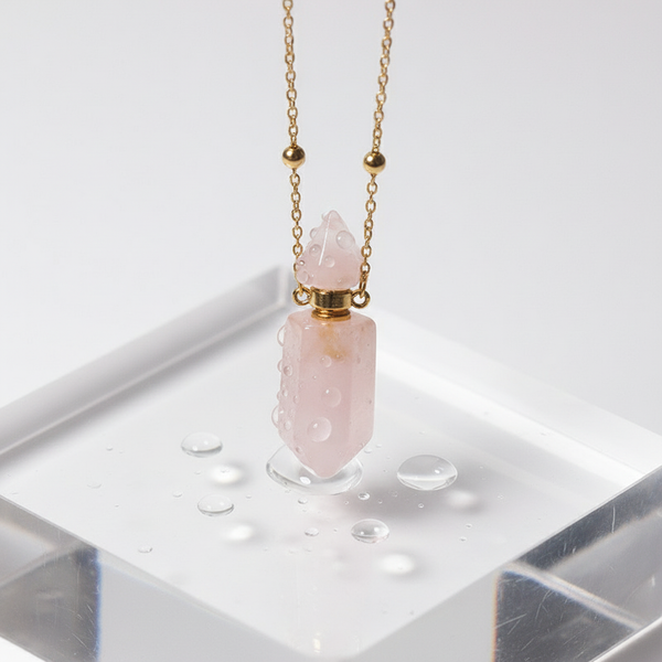 Natural Rose Quartz Perfume Bottle Pendant  Hollow Crystal Necklace for Essential Oils & Prosperity