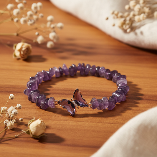 Amethyst Butterfly Double Bracelet | Natural Amethyst Beads & Crystal Butterfly Charm