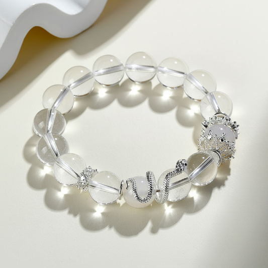 White Crystal & White Agate Bracelet – Silver Snake and Crown Design