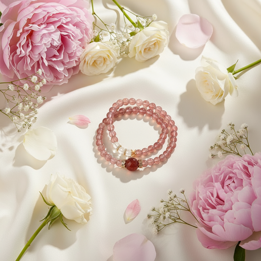 Strawberry Quartz Energy Bracelet – Double Layer with Gold Accents