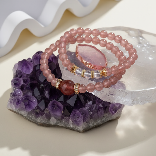 Strawberry Quartz Energy Bracelet – Double Layer with Gold Accents