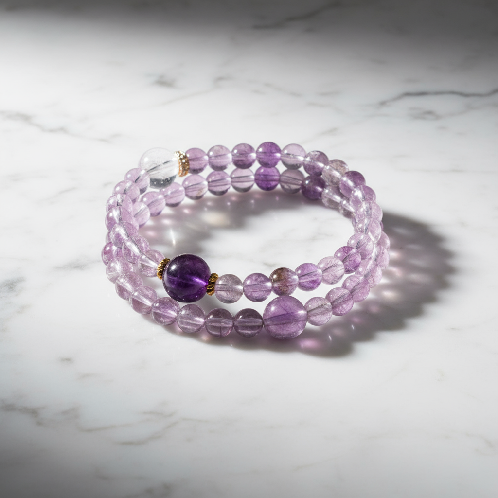 Amethyst Energy Bracelet – Double Layer with Clear Quartz and Gold Accents