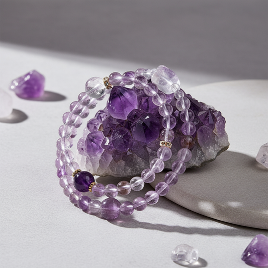 Amethyst Energy Bracelet – Double Layer with Clear Quartz and Gold Accents
