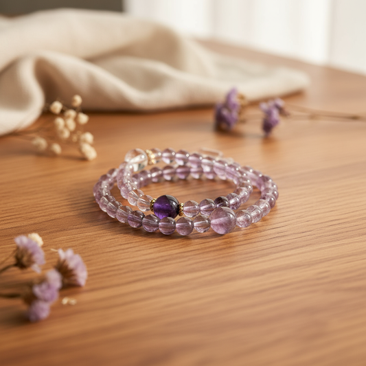 Amethyst Energy Bracelet – Double Layer with Clear Quartz and Gold Accents