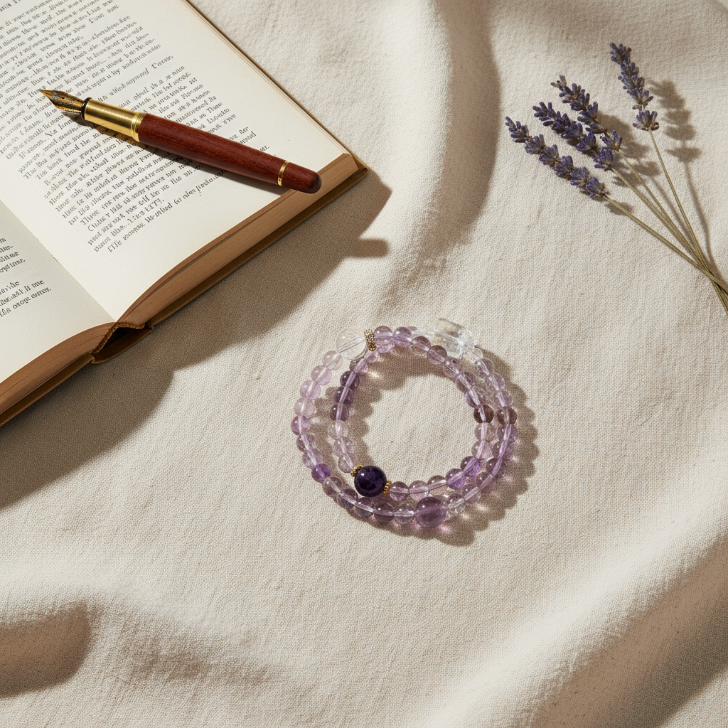 Amethyst Energy Bracelet – Double Layer with Clear Quartz and Gold Accents