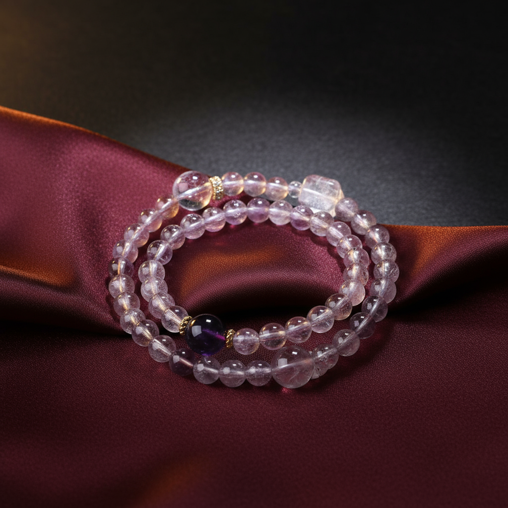 Amethyst Energy Bracelet – Double Layer with Clear Quartz and Gold Accents