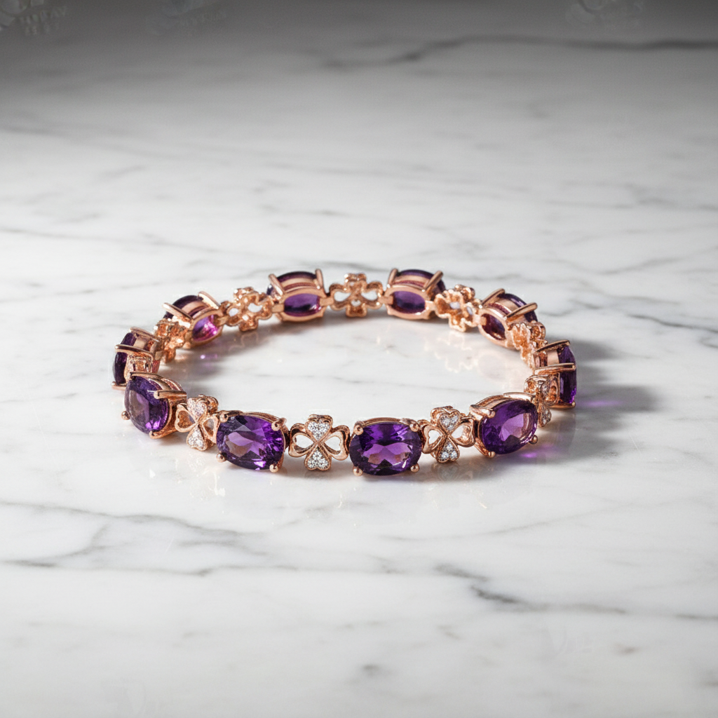 Luxury Amethyst Clover Bracelet | 18K Gold Plated Gemstone Diamond Design