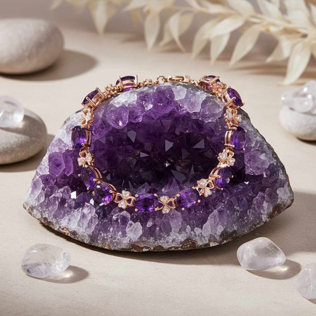 Luxury Amethyst Clover Bracelet | 18K Gold Plated Gemstone Diamond Design