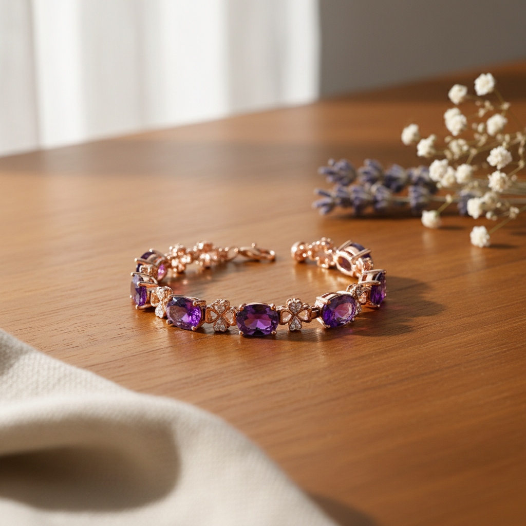 Luxury Amethyst Clover Bracelet | 18K Gold Plated Gemstone Diamond Design