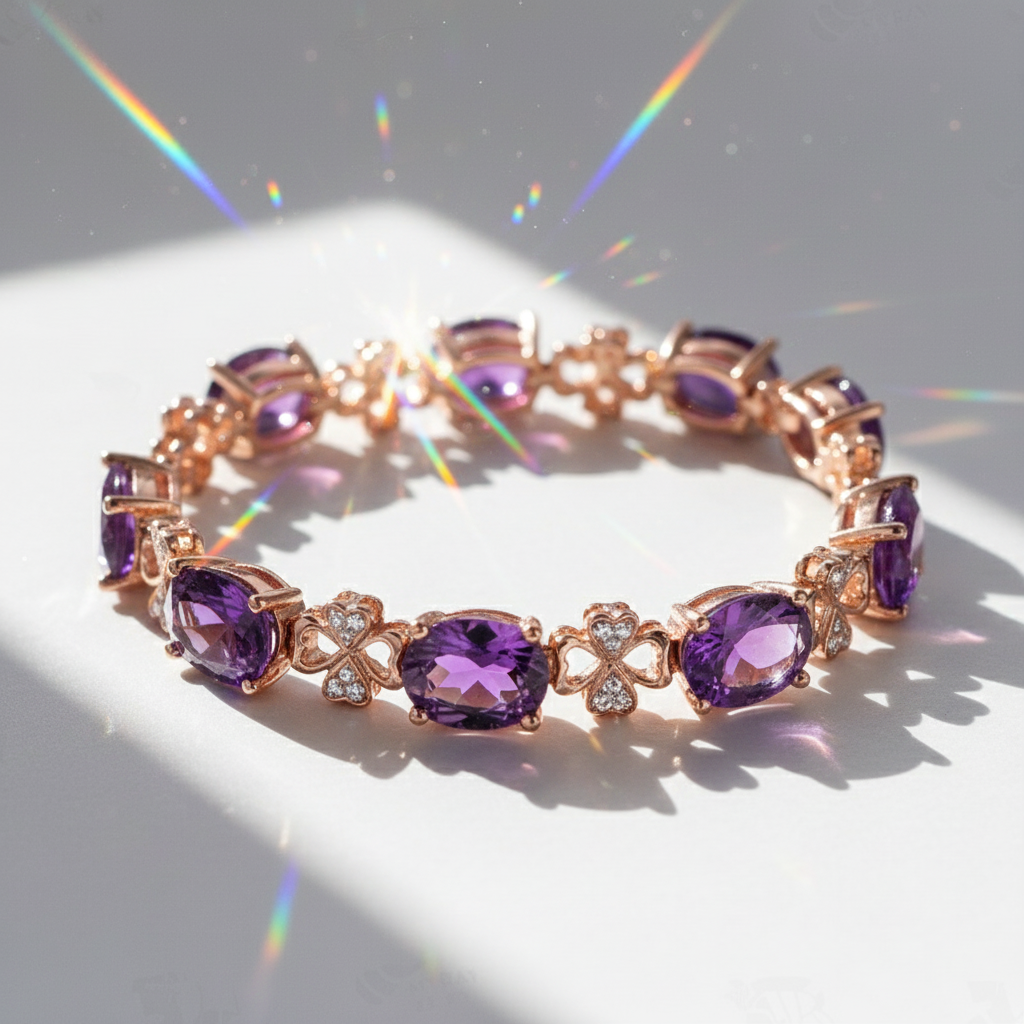 Luxury Amethyst Clover Bracelet | 18K Gold Plated Gemstone Diamond Design
