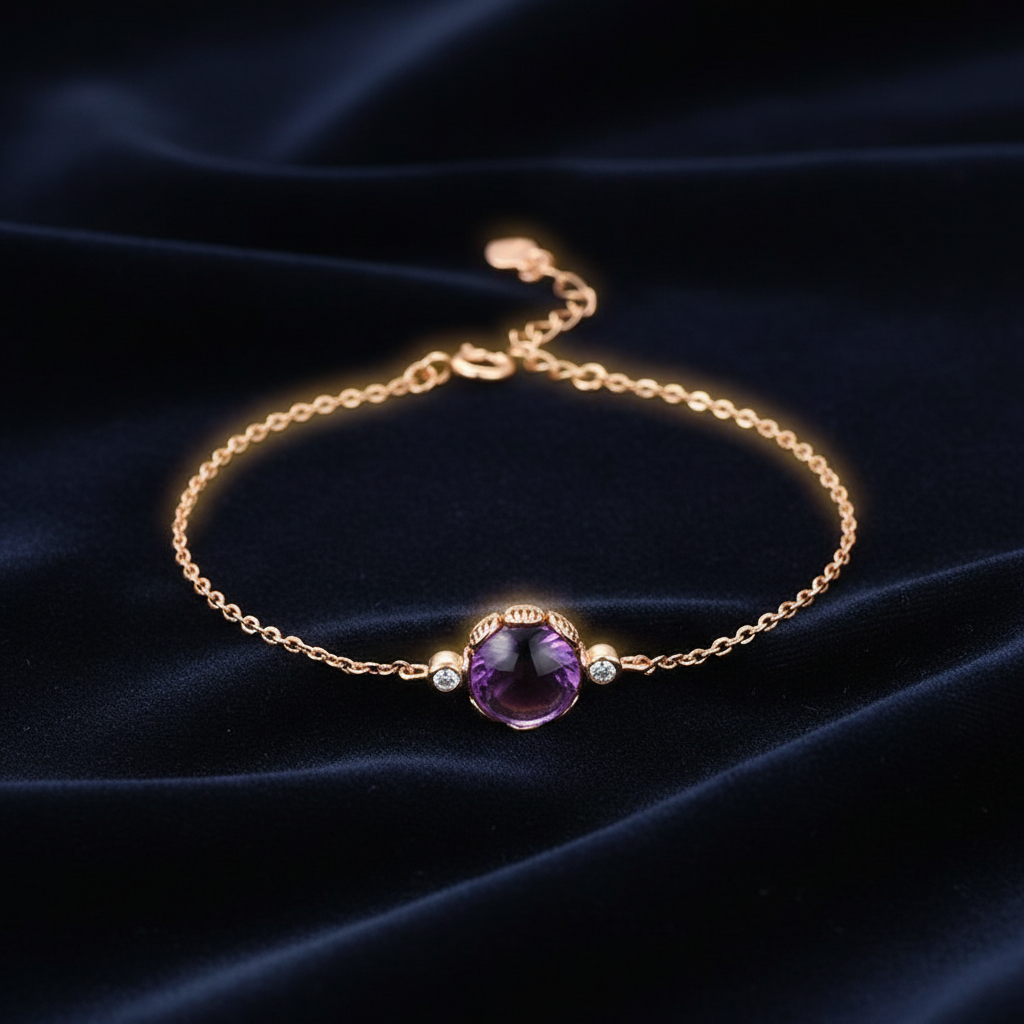 Round Amethyst Bracelet | 18K Rose Gold Plated, Elegant Minimalist Design