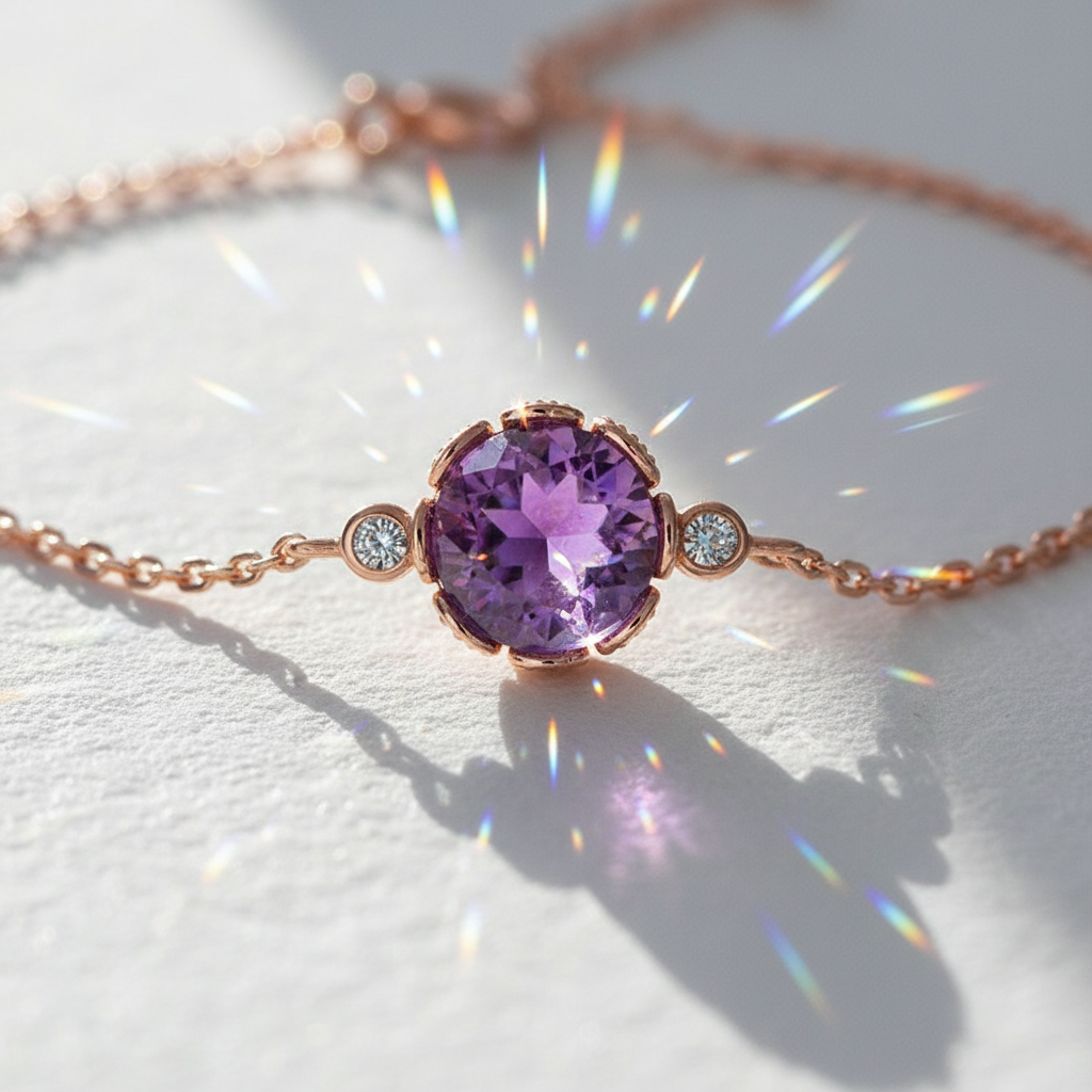 Round Amethyst Bracelet | 18K Rose Gold Plated, Elegant Minimalist Design