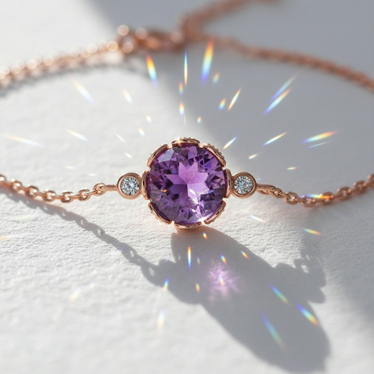 Round Amethyst Bracelet | 18K Rose Gold Plated, Elegant Minimalist Design