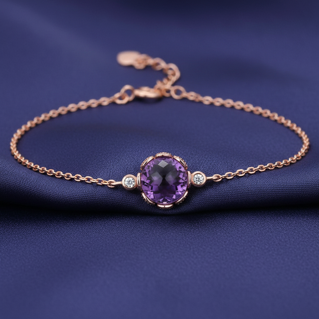 Round Amethyst Bracelet | 18K Rose Gold Plated, Elegant Minimalist Design