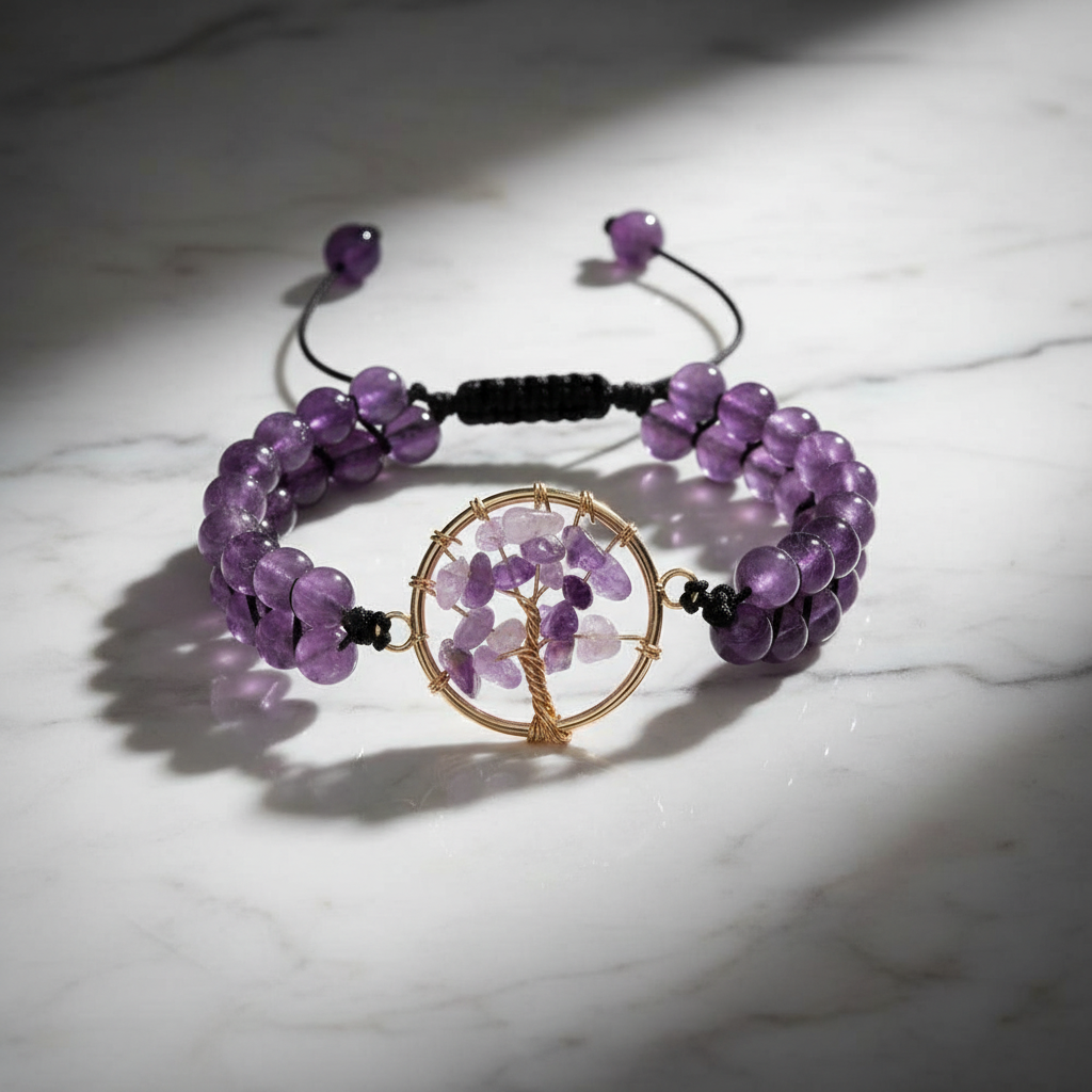Handmade Crystal Bracelet | Amethyst / Clear Quartz Options, Tree of Life Pendant, Double Strand Design