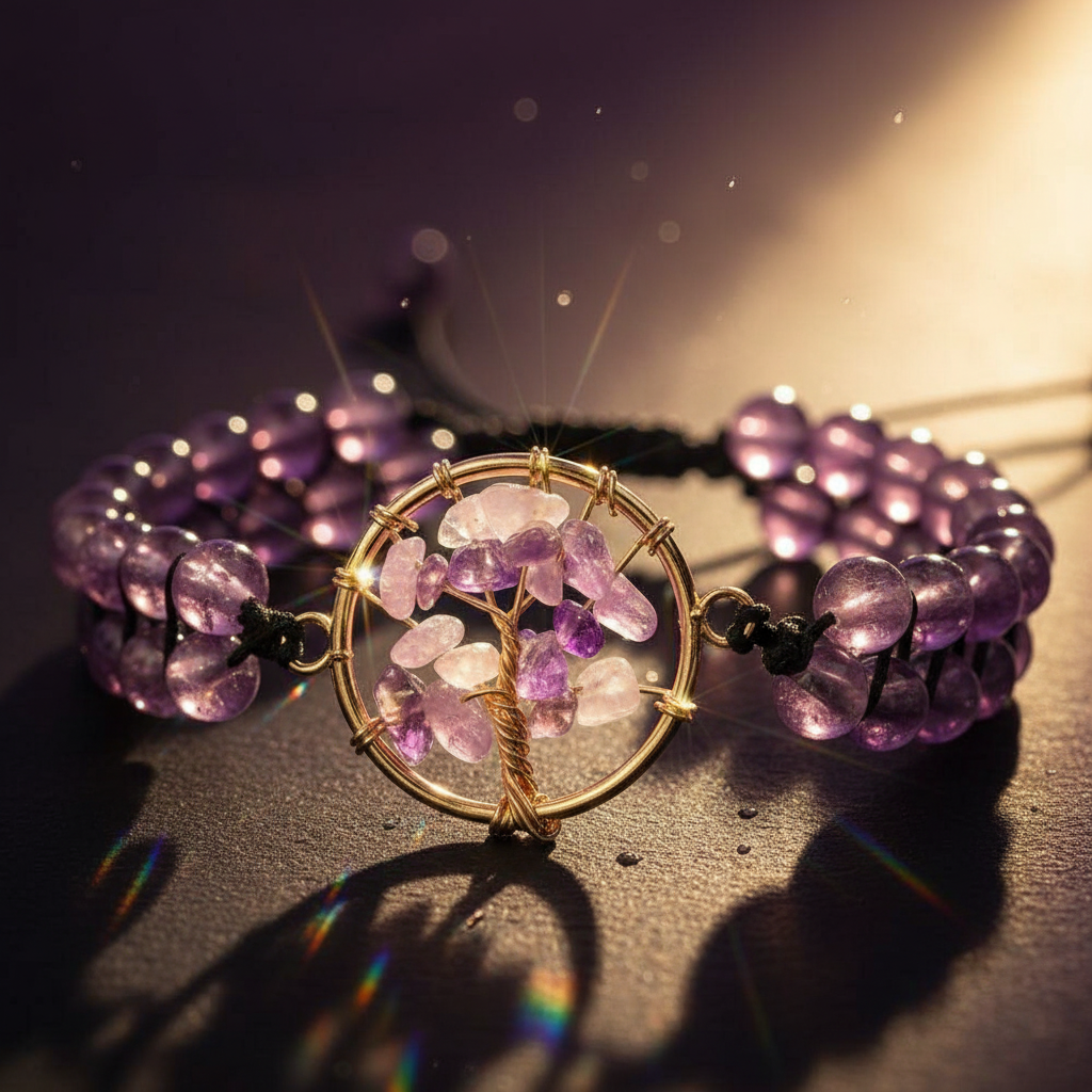 Handmade Crystal Bracelet | Amethyst / Clear Quartz Options, Tree of Life Pendant, Double Strand Design