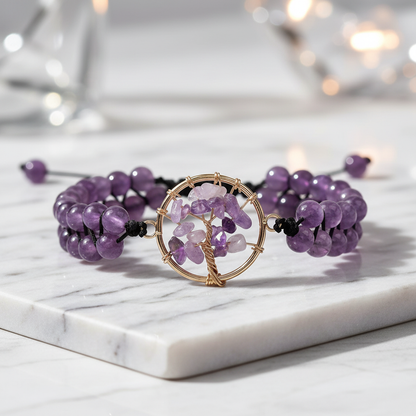 Handmade Crystal Bracelet | Amethyst / Clear Quartz Options, Tree of Life Pendant, Double Strand Design