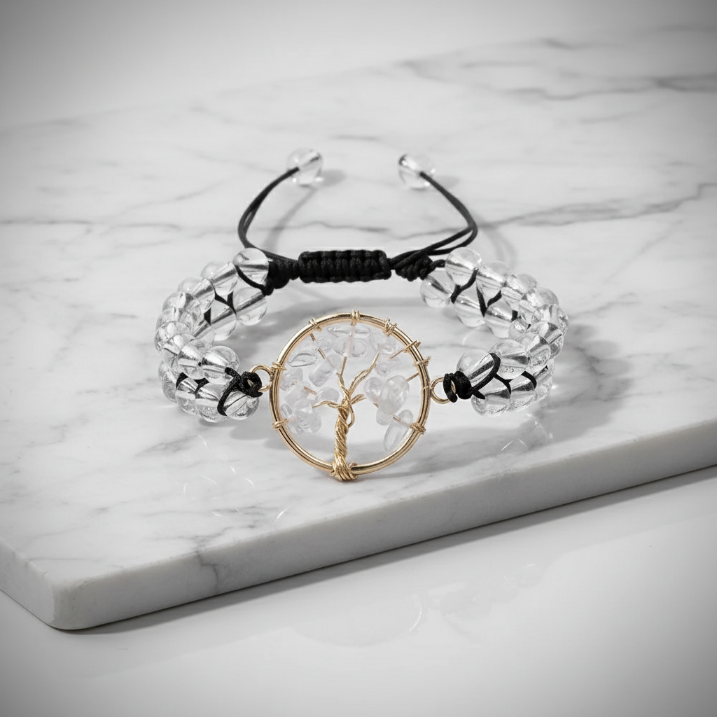 Handmade Crystal Bracelet | Amethyst / Clear Quartz Options, Tree of Life Pendant, Double Strand Design