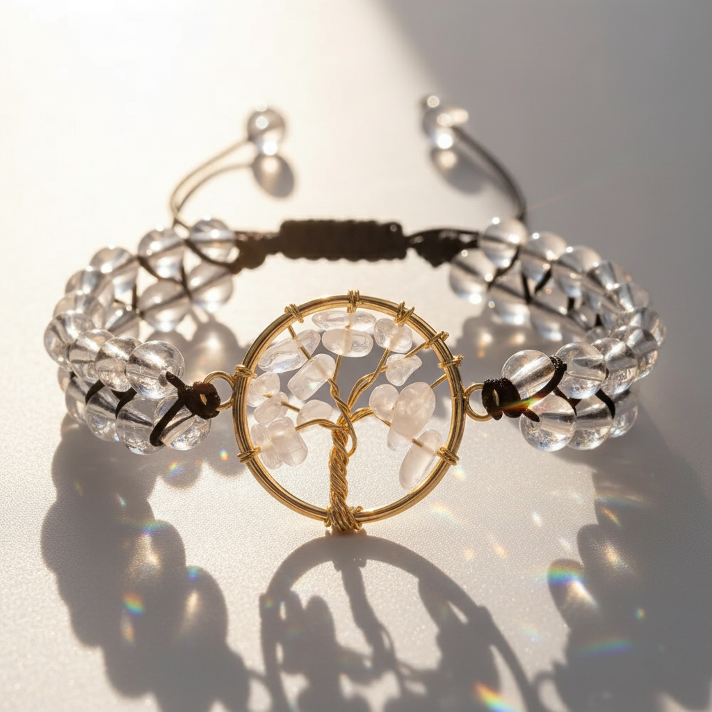 Handmade Crystal Bracelet | Amethyst / Clear Quartz Options, Tree of Life Pendant, Double Strand Design